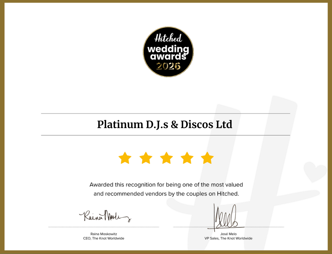 Hitched Wedding Awards Certificate for Wedding DJ Services 2026
