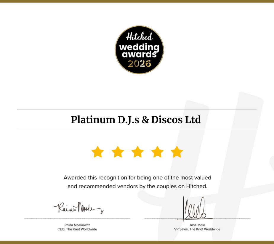 Hitched Wedding Awards Certificate for Wedding DJ Services 2026