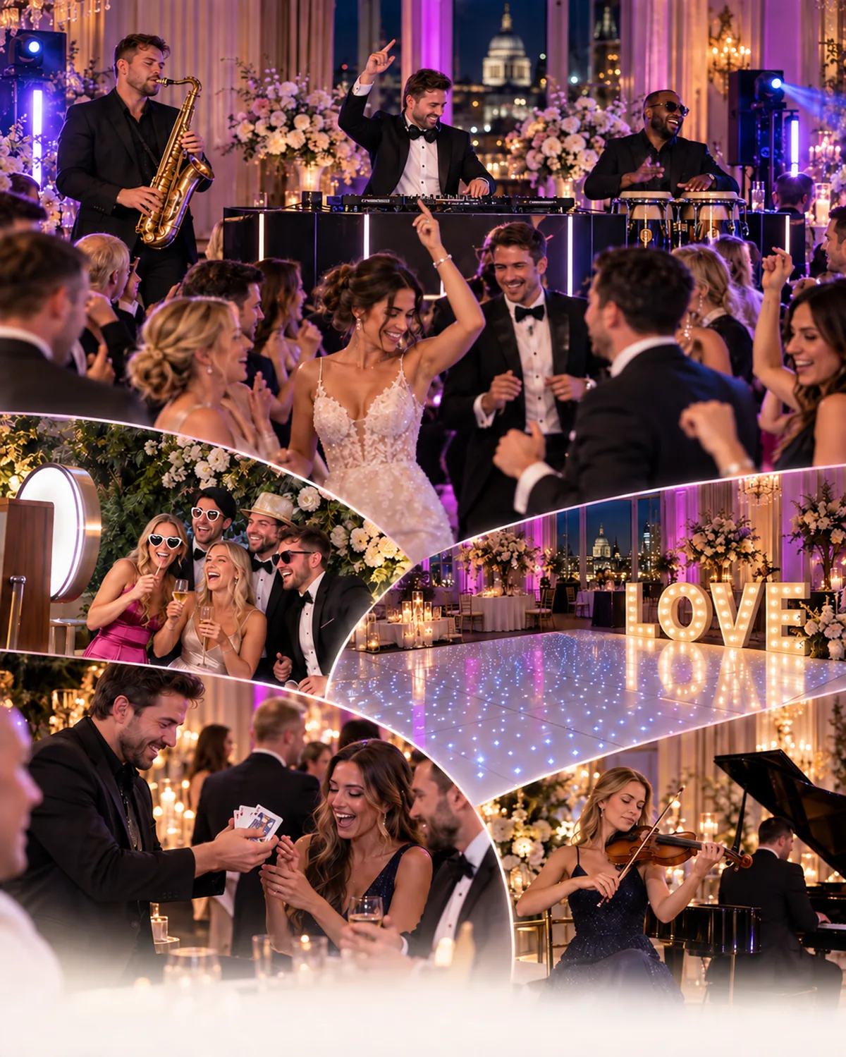 Wedding Entertainment & Add-Ons | Platinum DJs Wedding entertainment collage featuring a DJ, saxophonist, percussionist, photo booth, LED dance floor, magician and violinist